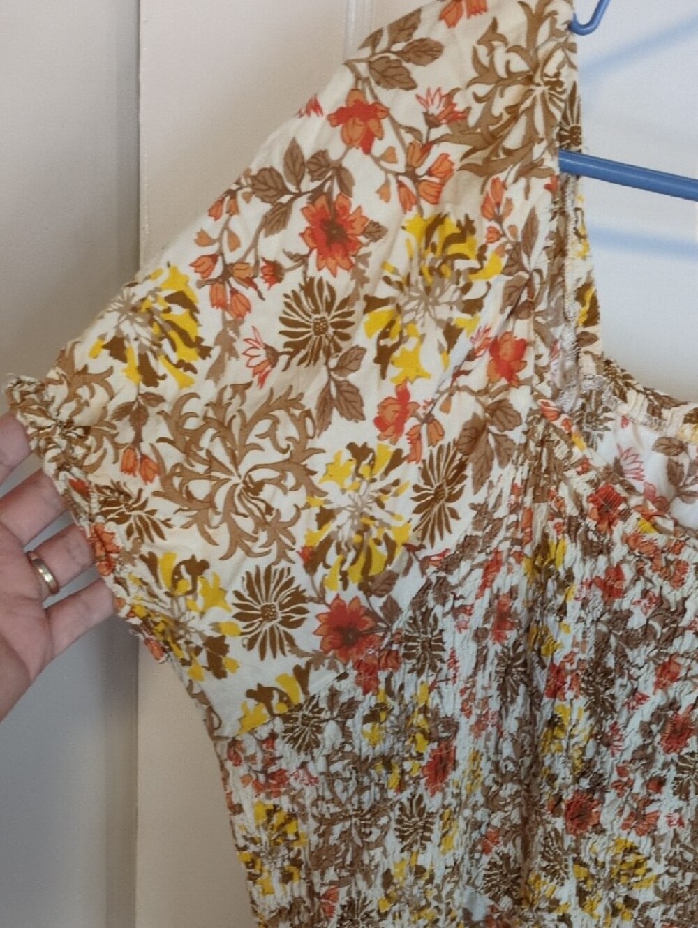 Smocked Floral Midi Dress in Cream, Yellow & Rust - Picture 3 of 5